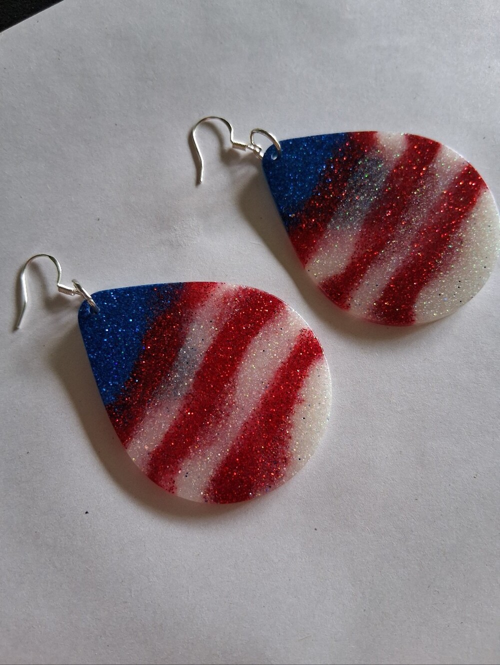 Hand Crafted Red, White & Blue Glitter Teardrop Earrings - Picture 3 of 3